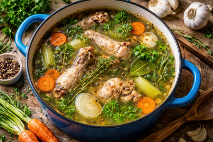 A blue enameled cast iron pot filled with a hearty chicken and vegetable soup, surrounded by fresh carrots, celery, parsley, garlic, and wooden kitchen utensils on a rustic table.