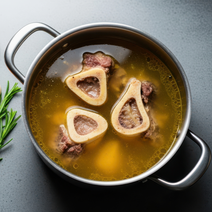 A stainless steel pot filled with a golden bone broth containing three bone-in pieces, arranged on a dark gray surface next to fresh ingredients including whole and sliced carrots, garlic cloves, and a sprig of rosemary.