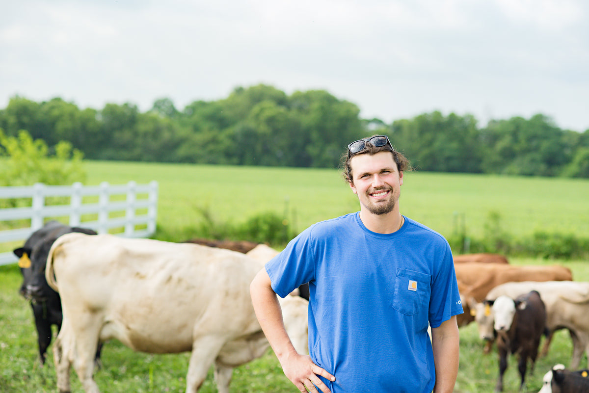 A smiling Logan Coppock wearing a blue short-sleeve pocket t-shirt and sunglasses on his head stands in a green pasture with cows in the background.