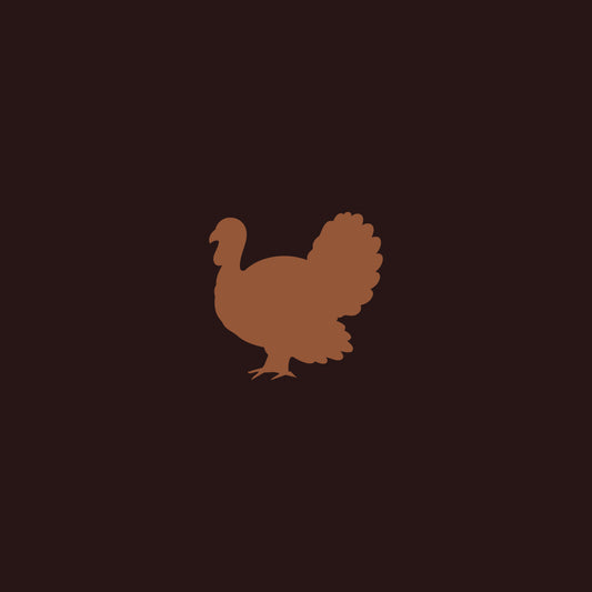 A light brown outlined shape of a turkey, on a dark brown background.