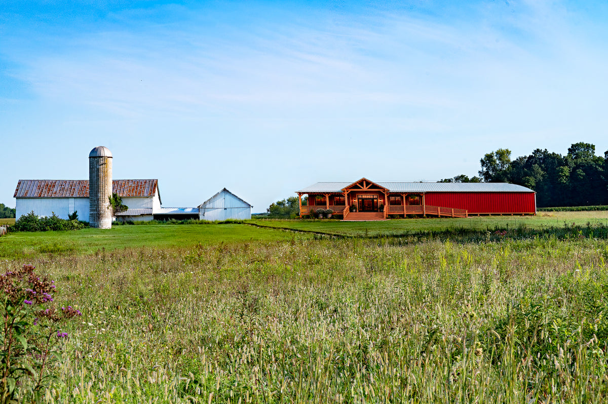 A field of pasture in front of the Yellow Springs Provisions farm barn in Ohio.
